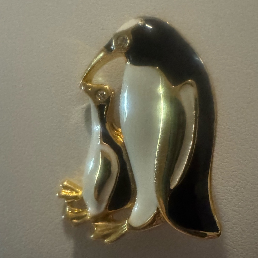 Gold-Tone Black & White Penguin Brooch - Classic Women’s Jewelry